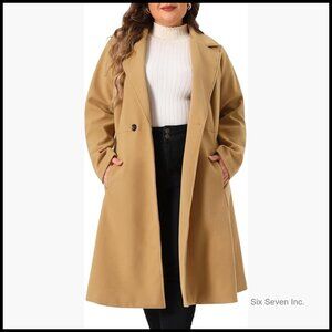Plus Size Winter Pea Coat Notch Lapel Double Breasted with Pockets